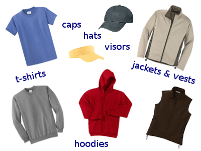 shirts, hats, jackets, vests